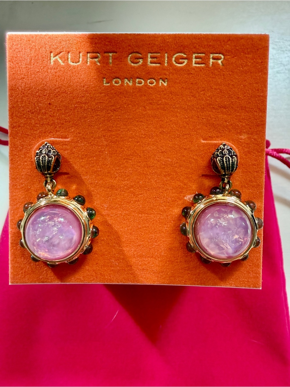 Kurt Geiger Purple-Pink Glass Drop Earrings with Gold Accents